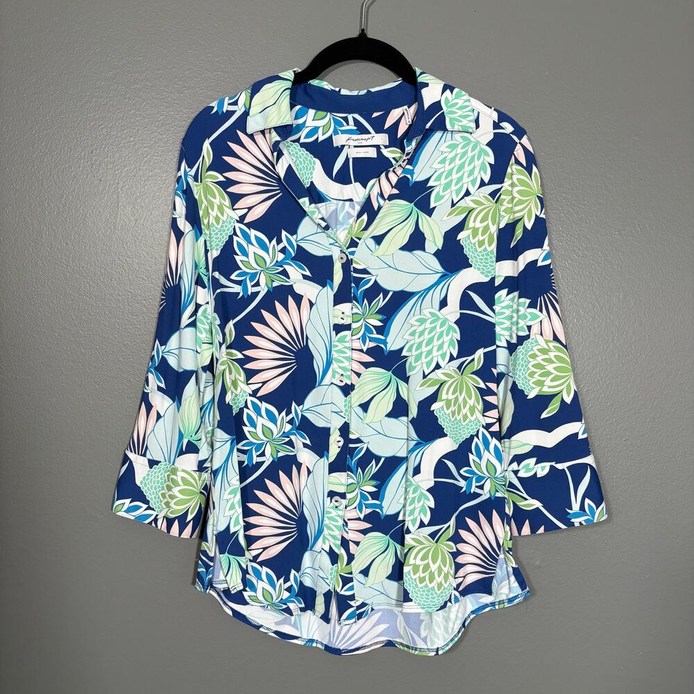 Foxcraft Easy Care Blue Tropical Resort Wear Button Up Top - Women's Size Small